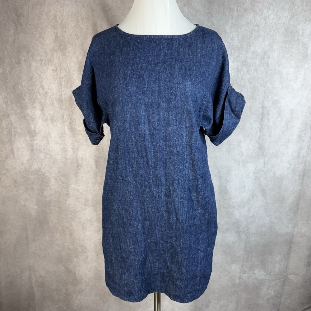 COS Denim Chambray Cuffed Sleeved Shift Dress In Blue Women's Size US 2